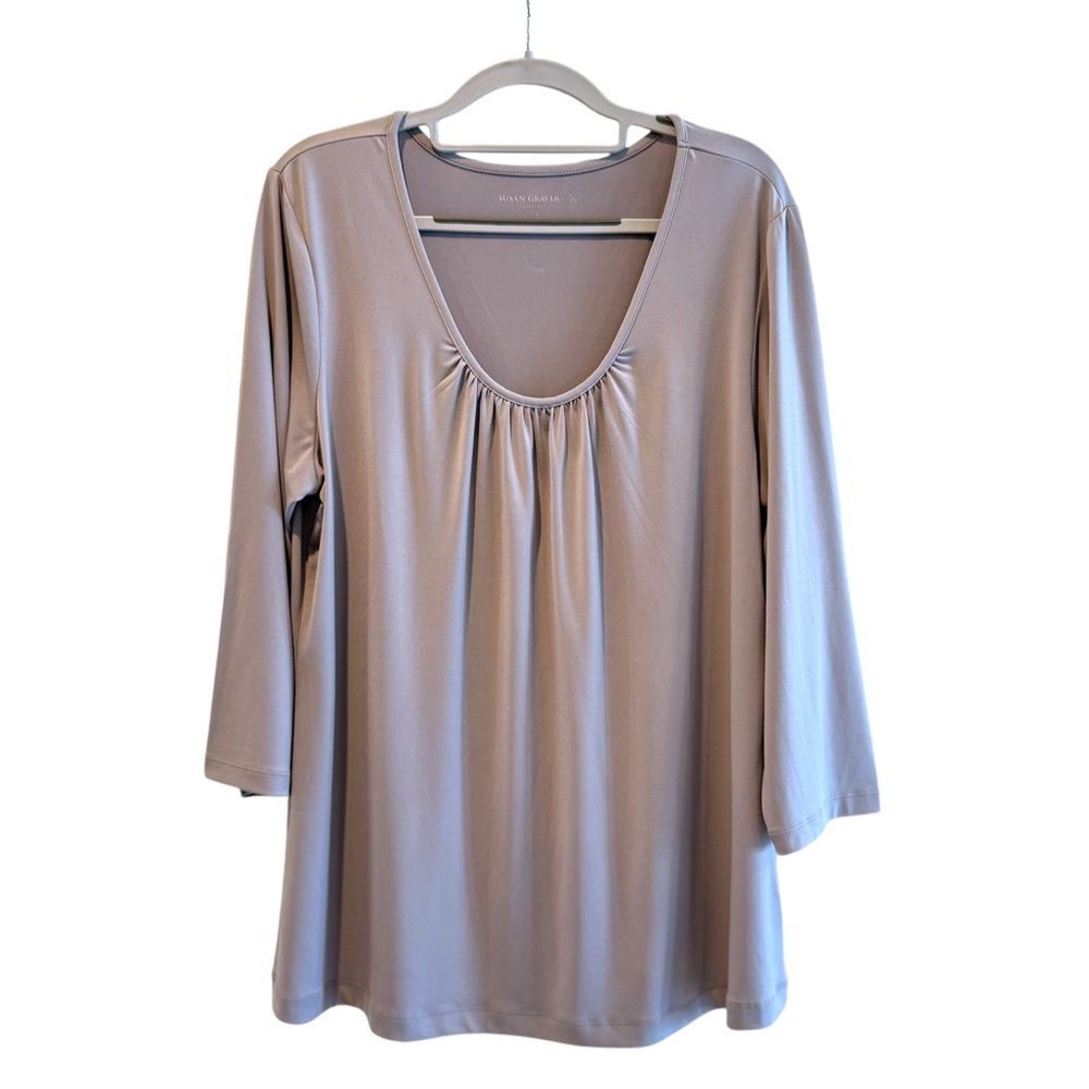 Susan Graver Scoop Neck 3/4‎ Sleeve Pullover Blouse Flowy Grey Beige Large